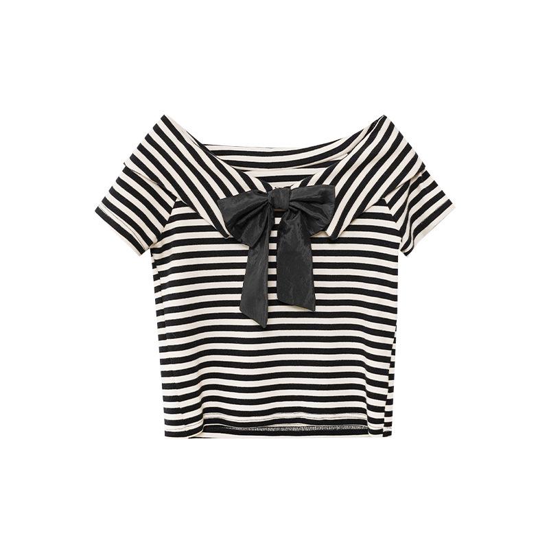 Interpret Beauty 2025 Summer French Sweet Off-Shoulder Striped T-Shirt, S5018