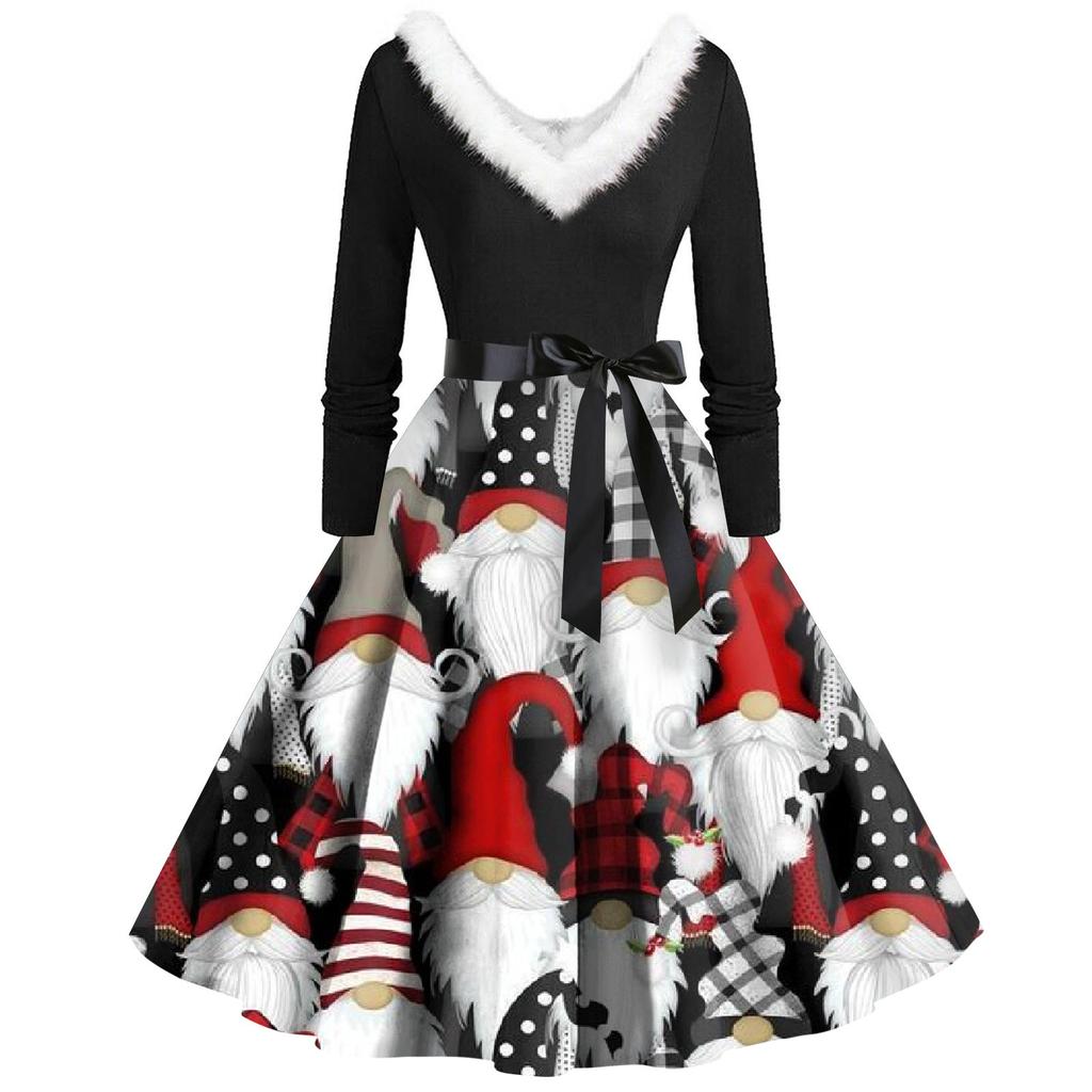 Kvinners avslappede og moteriktige langermede V-hals trykk matchende glidelåskjole