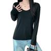 Women's White V-Neck Long-Sleeve T-Shirt, Brushed Interior, 2025 Fall/Winter, Loose, Slimming Base Layer Top.