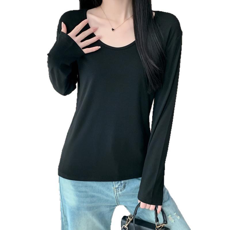 Women's White V-Neck Long-Sleeve T-Shirt, Brushed Interior, 2025 Fall/Winter, Loose, Slimming Base Layer Top.