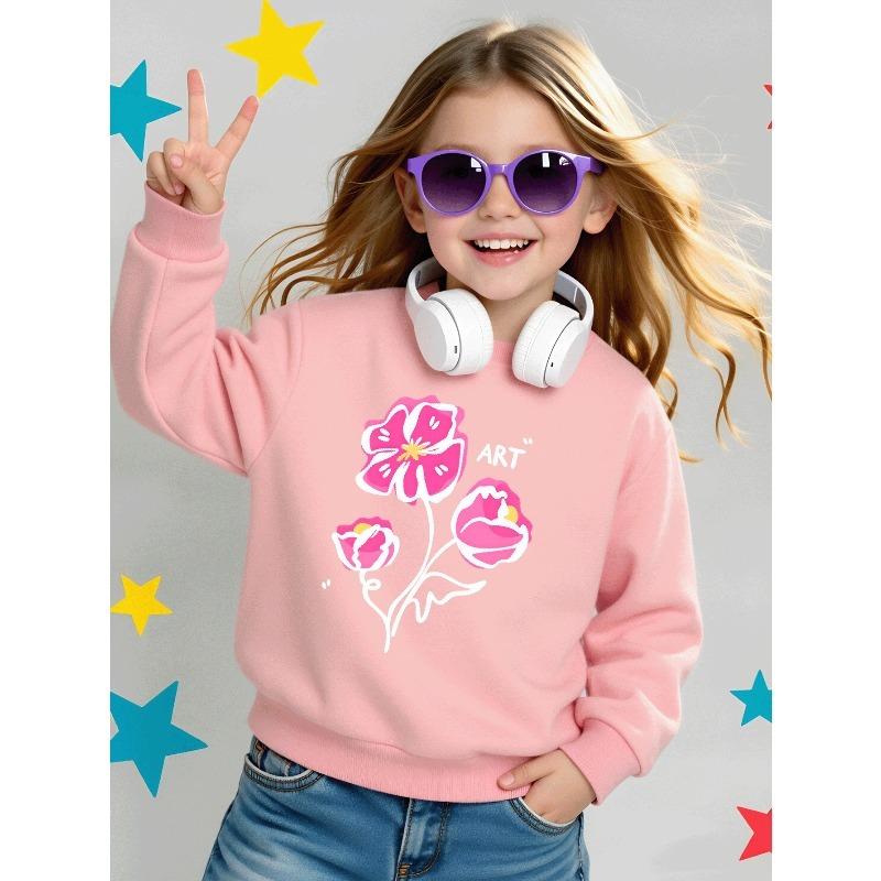 European sizes Girls' Soft Crewneck Sweatshirt, Pink Floral Pattern with Cute Print, Casual All-Match, Ideal Holiday Present