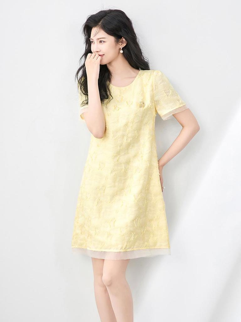 Women's Summer Mesh Jacquard Cut-Out Dress with Round Neck