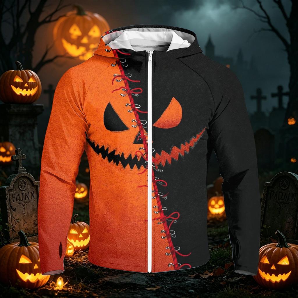 Men's Casual Raglan Sleeve Hooded Long Sleeve Sun Protection Jacket with Halloween Print Full Zip Front Lightweight