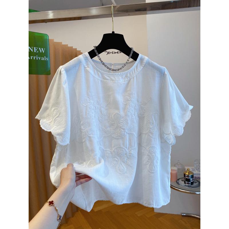 Women s Chic Loose Fit White Tencel Embroidered Short Sleeve Cotton Linen T-Shirt (2025) XLarge