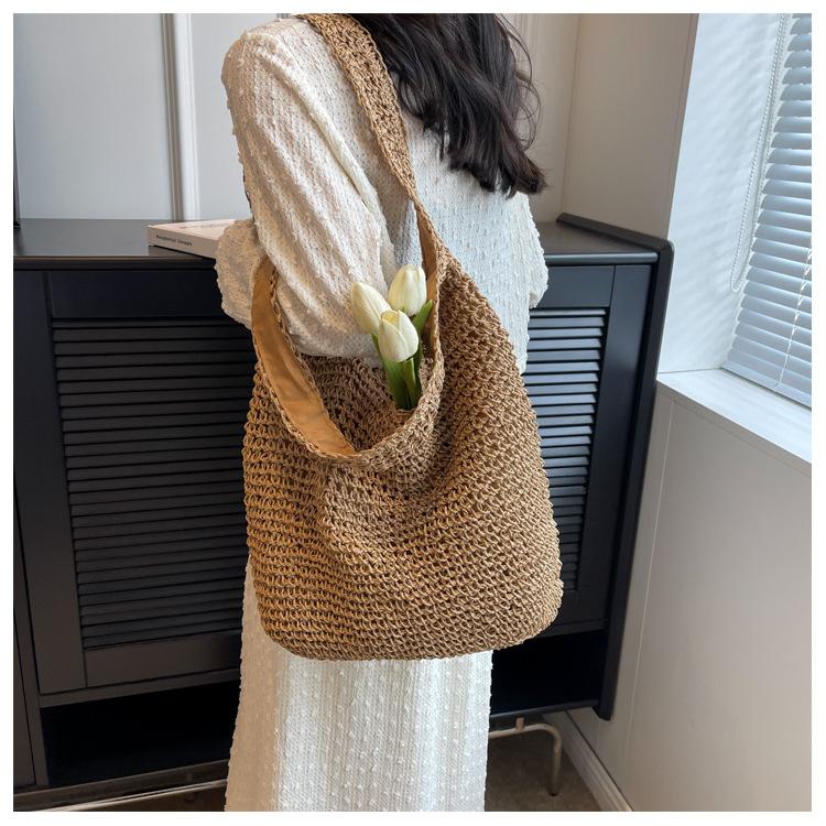 Handtasche Neue Lässige Schultertasche Strandurlaub Große Kapazität Pendler Tragetasche Gewebte Stroh Tragetasche für Damen