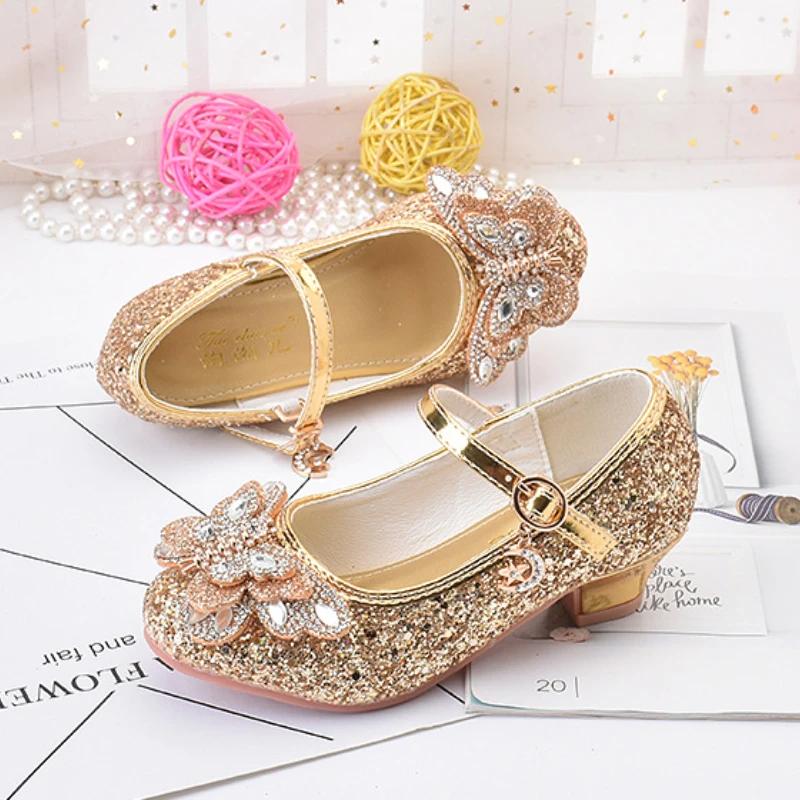 Fashion Children Princess Shoes Glitter Rhinestone Girls High-heels Leather Shoes for Party Wedding Kids Versatile Single Shoes