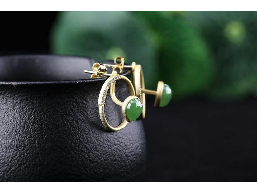 Gold-Plated 925 Sterling Silver Hetian Jade Two-Way Stud Earrings for Women with Certificate