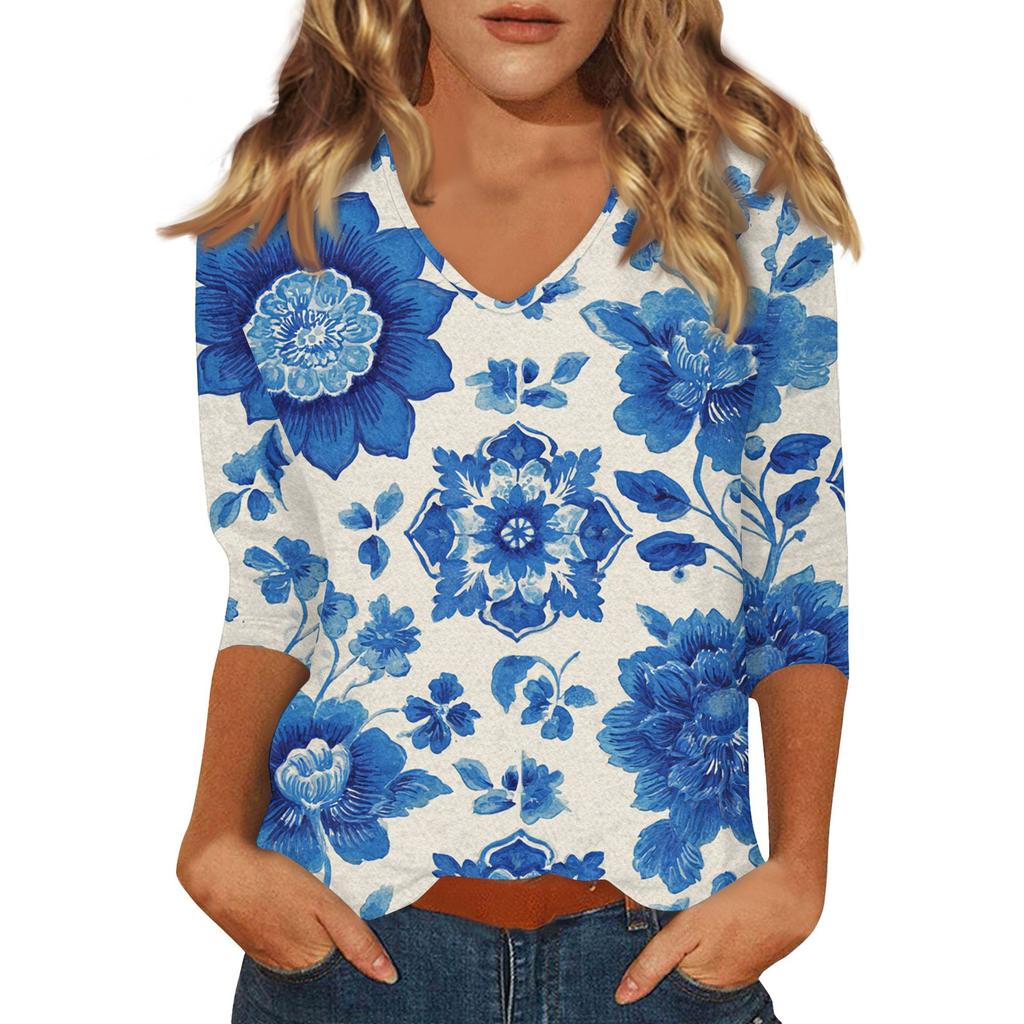 Women's Casual And Fashionable V-Neck Floral Print Seven Quarter Sleeved Top Top