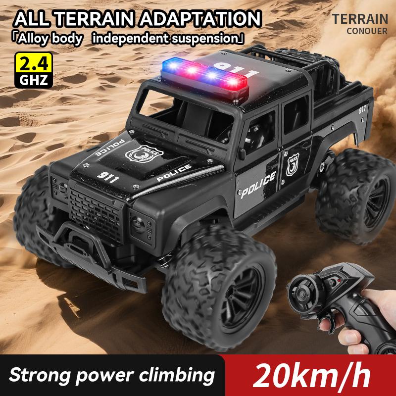 1:16 High Speed Off-Road Alloy RC Cars Police Truck Jeep with Music Sound and LED Lights 2.4G Remote Control Cars Outdoor Toy