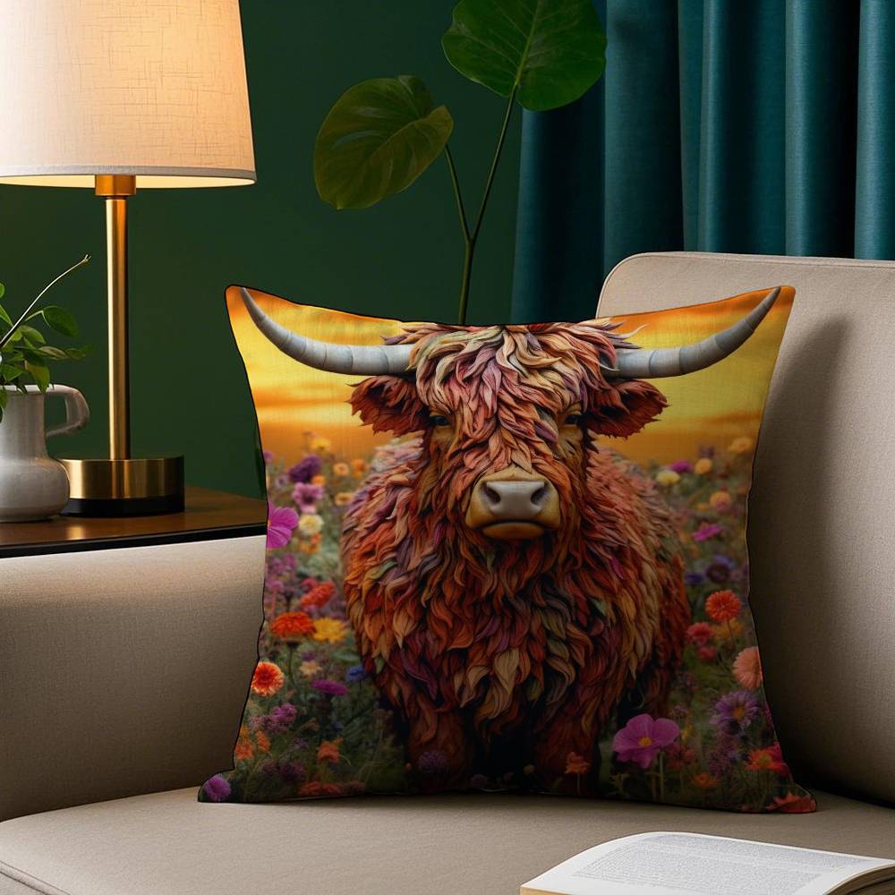 Vibrant Highland Cow Pattern Pillow Case Short Plush Print Cushion Cover Square Throw Pillow Covers Sofa Home Decor