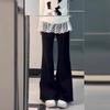Women's High-Waist Black Micro-Flare Non-Stick Jeans - Plus Size, Wide Leg, Floor-Length, Autumn Collection