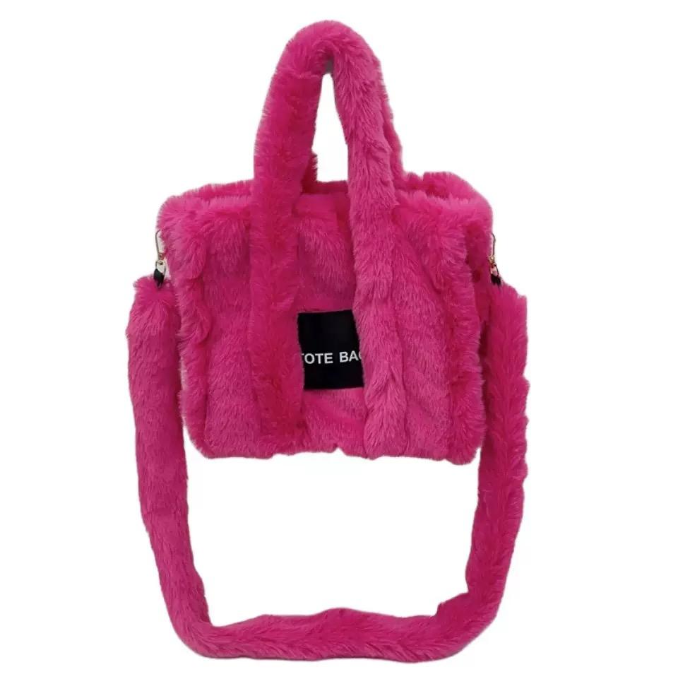 Fuzzy Pink Faux Fur Ladies Winter Handbag Brand Designer Fluffy Plush Sqaure Shoulder Purse 2025 Elegant Women's Tote Bag