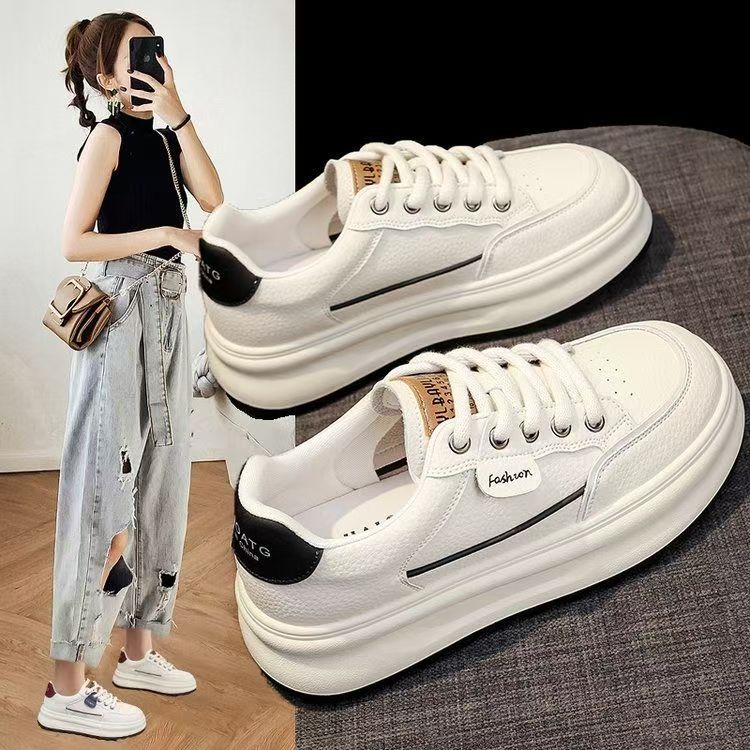 2025 spring and autumn new shoes versatile popular white shoes women's thick baseplate shoes casual shoes muffin sports shoes