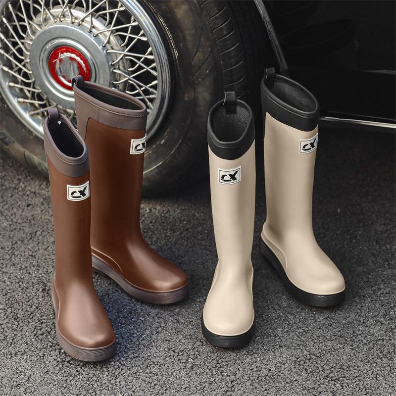 High Tube Rain Boots Women's Fashion Rain Boots Outdoor Thick Soled Waterproof Shoes Rubber Shoes Plus Velvet Long Tube Water Women