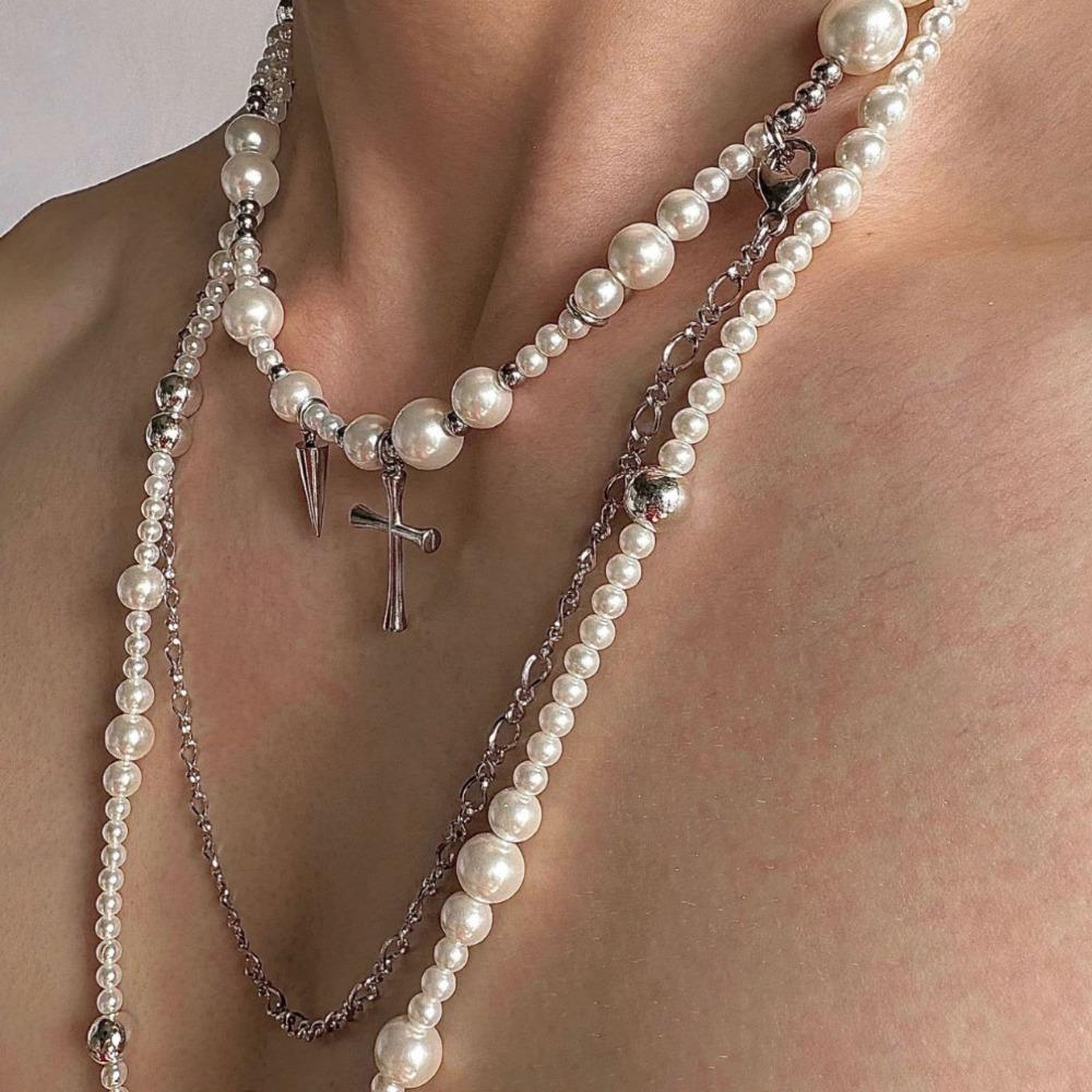 Hot Selling Goth Rose Flower Imitation Pearl Cross Pendant Necklace for MenMulti Layers Simulated Pearl Aesthetic Vintage Luxury