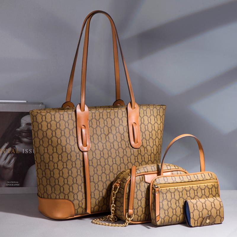 New Embossed Large Tote Bag High Quality PU Ladies Handbag Trendy Single Shoulder Oblique Span Bag Large Capacity Women's 4 Pcs Set Mother-child Bag