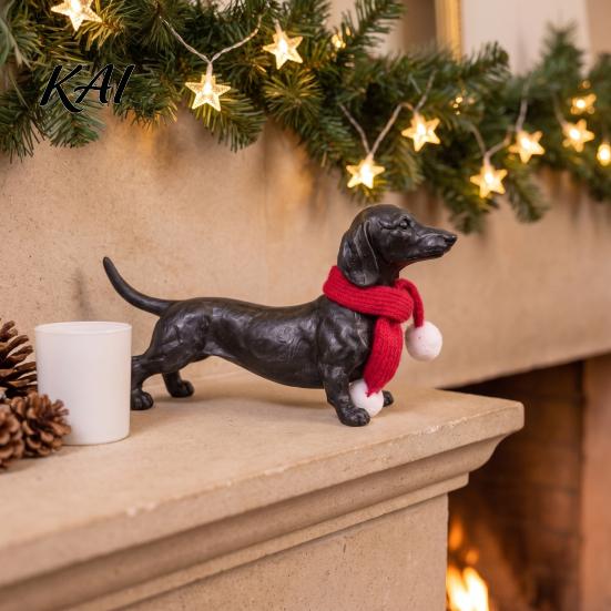 Small Animal Sculpture Dachshund Statue, Resin Standing Dog Figurine with Red Knitted Fireplace Mantel Decor Scarf, Cute Christmas Puppy for