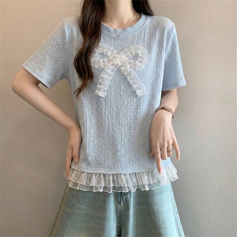 Fake Two Ruffled Women's T-shirts Lace Large Bow Pattern Round Neck Short Sleeved Tees Korean Style Summer New Version Loose Woman Top