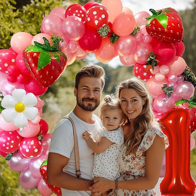 1-Year-Old Baby Strawberry Aluminum Film Balloon Set, Happy Birthday Balloon Scene Arrangement, Little Daisy Party Supplies