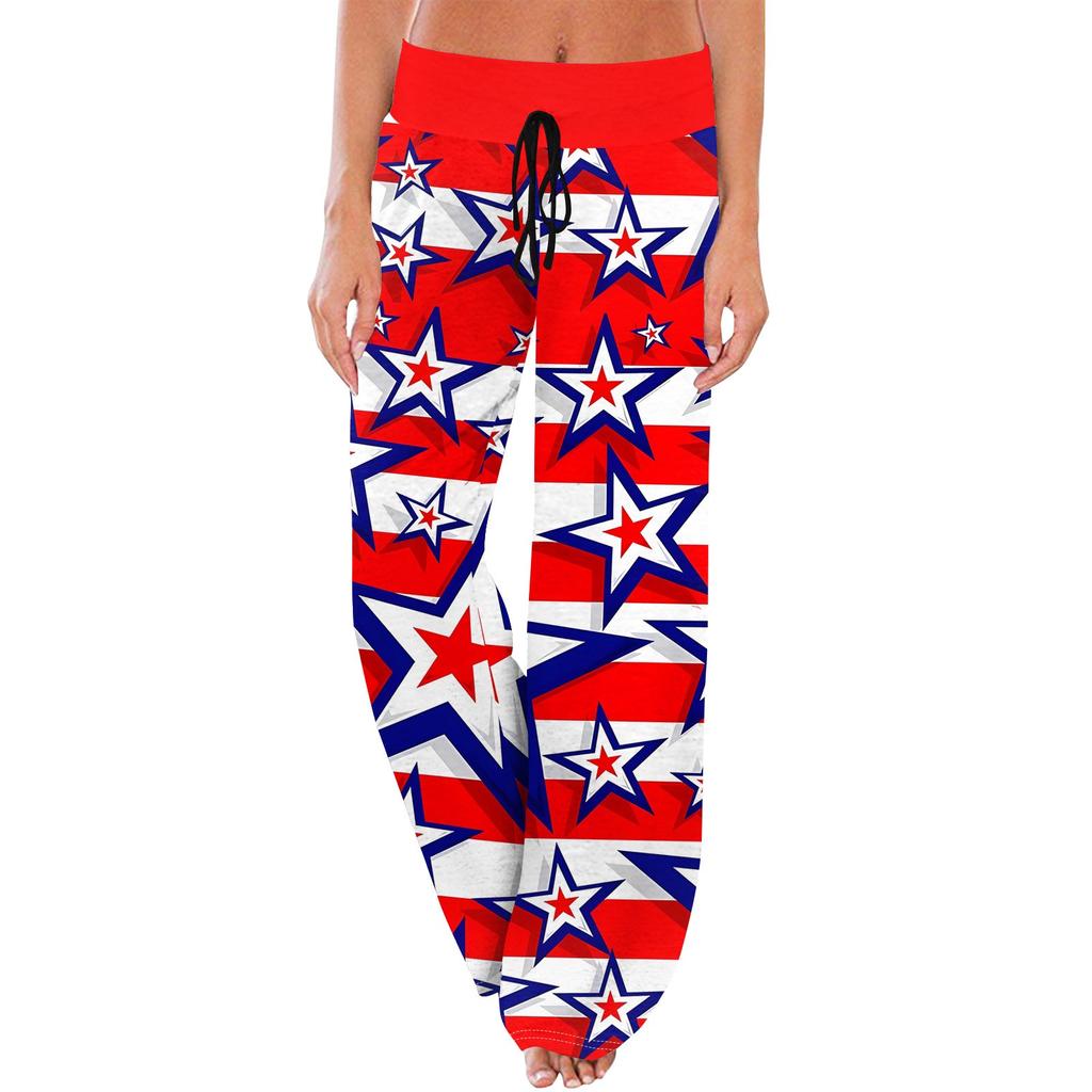 Damen Lässige Mode Komfort Pyjamahose Unabhängigkeitstag Print Kordelzug Weitbeinige Hose
