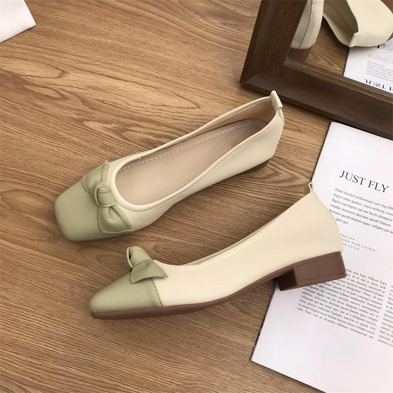 Mode Frauen Ballerinas Schuhe Zweifarbige Splice Bow Runde Flats Schuhe Mode Niedrigen Absatz Flach Weibliche Damen Quadratische Ferse Einzelne Schuhe