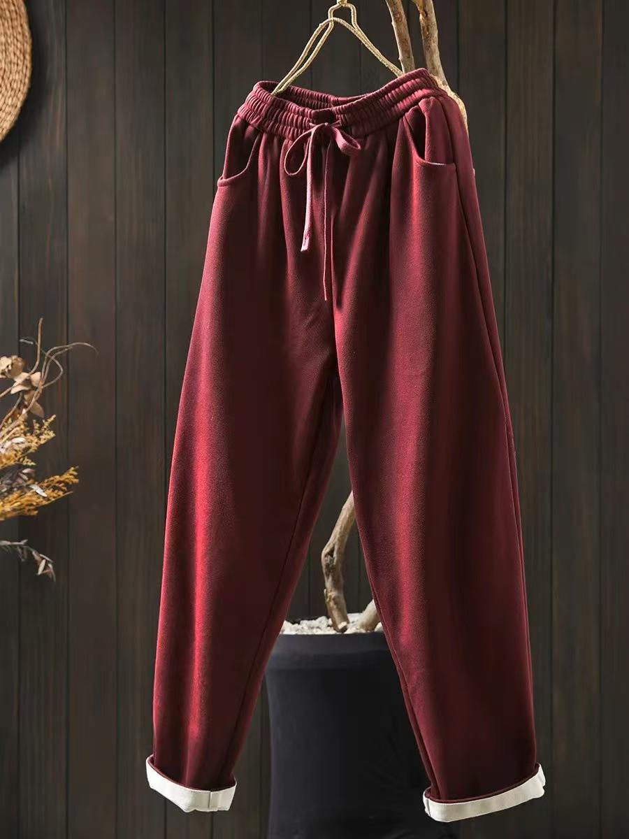 

Johnature женские зимние повседневные свободные шаровары с эластичной талией из хлопка, однотонные, в винтажном стиле, стирающиеся брюки L красный