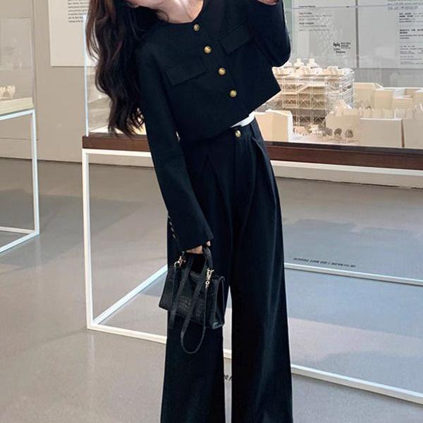 Women's Spring 2026 Black Professional Suit: Popular Two-Piece Set with Straight Wide-Leg Pants and Jacket Top