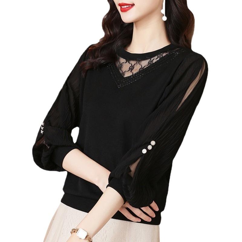 Lace Bottoming Shirt Women's Spring, Autumn and Winter New Black Long-sleeved Foreign-style Fashion Shirt with Top