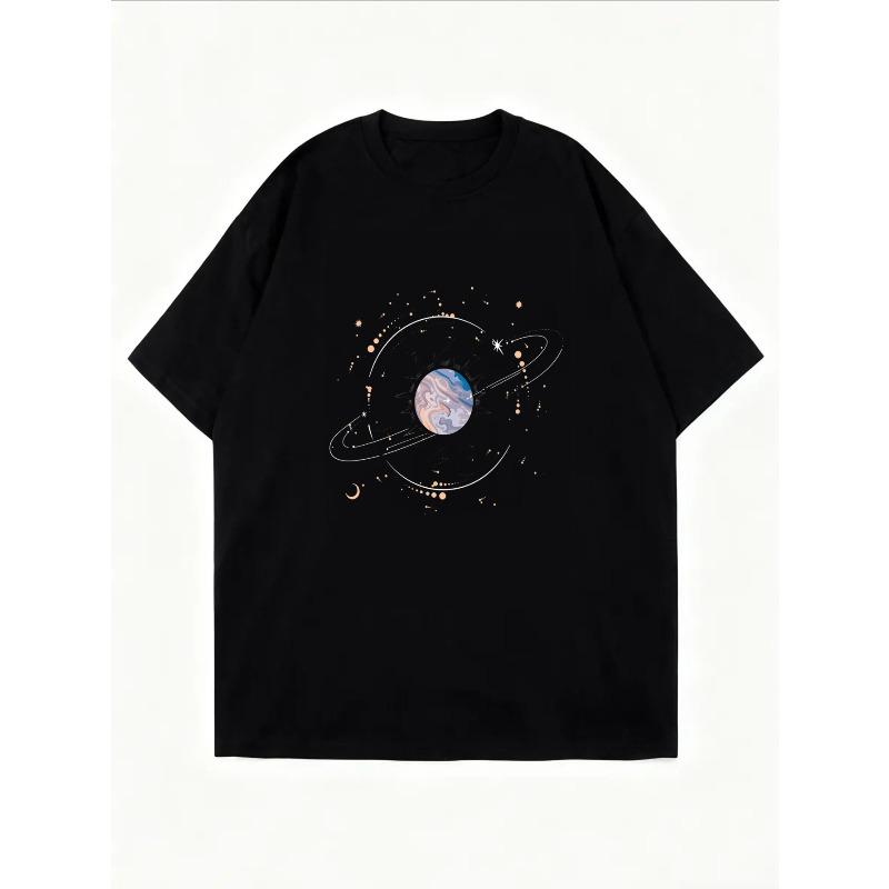 White T Shirt With Cosmic Planet Print For Casual Wear