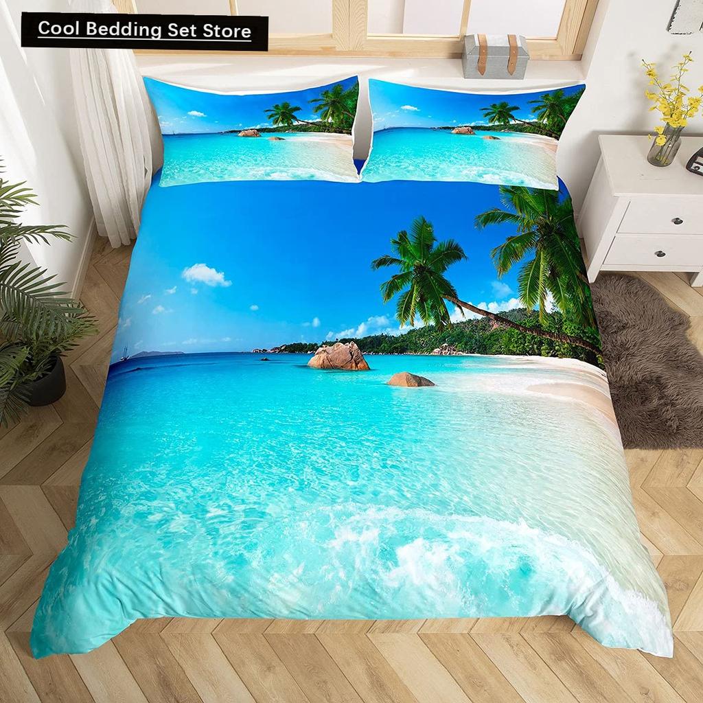 Summer Beach King Queen Duvet Cover Blue Ocean Fish Bedding Set Hawaiian Sea Palm Trees Quilt Cover Marine Life Comforter Cover