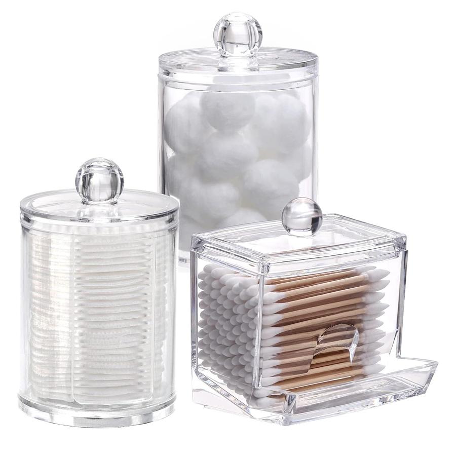 

3pcs Bathroom Organizer Accessories Qtips Holder Storage with Plastic Lids Cotton Ball/Swabs Dispenser, Apothecary Container