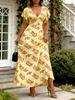 Women Modern Elegant Casual Fashion Yellow with Brown Leaf Print Short Sleeve Dress Spring Summer Autumn Women Clothing Vacation Long Dress