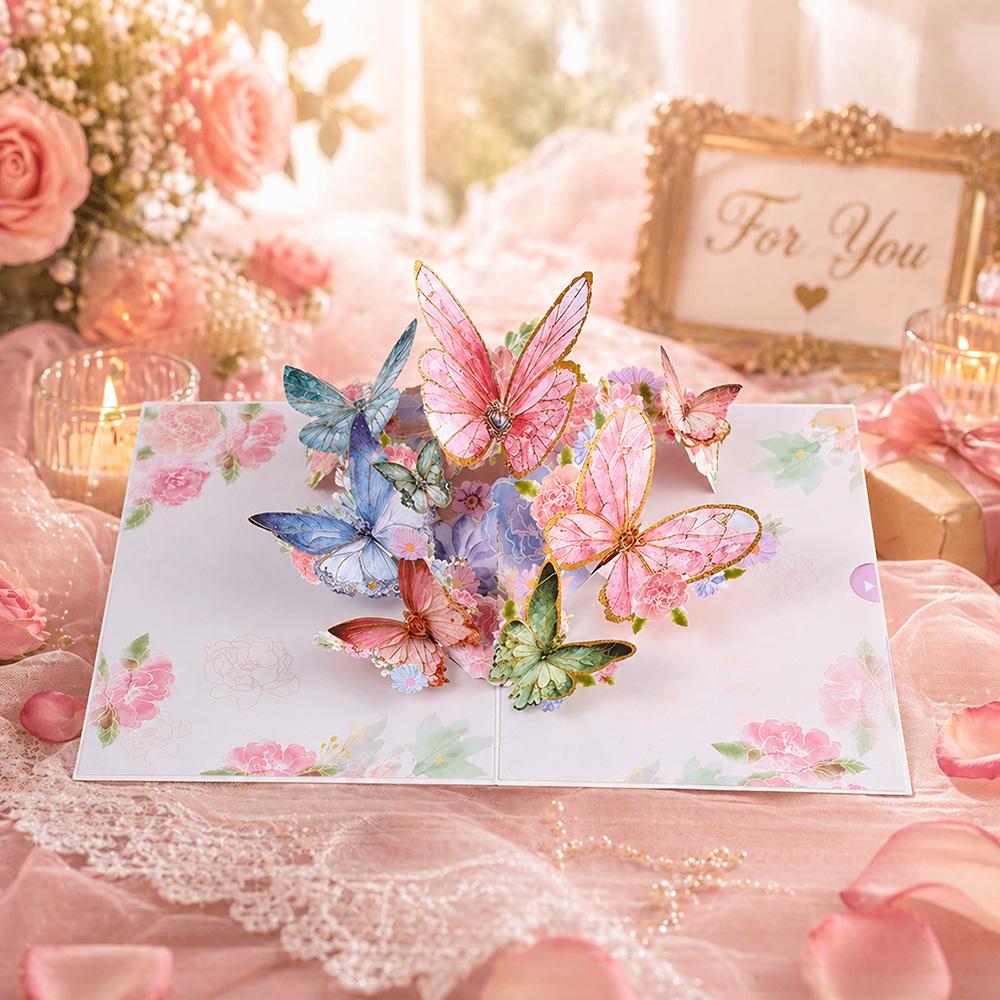 3D Pop Up Greeting Card Romantic Love Flowers Butterfly Bouquet Handmade Surprise Card Anniversary Birthday Valentine's Day Gift