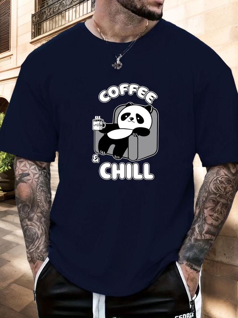Mens Casual Tshirt Panda Coffee  Chill Print Short Sleeve Round Neck Breathable Soft Oversized Daily Wear Tee