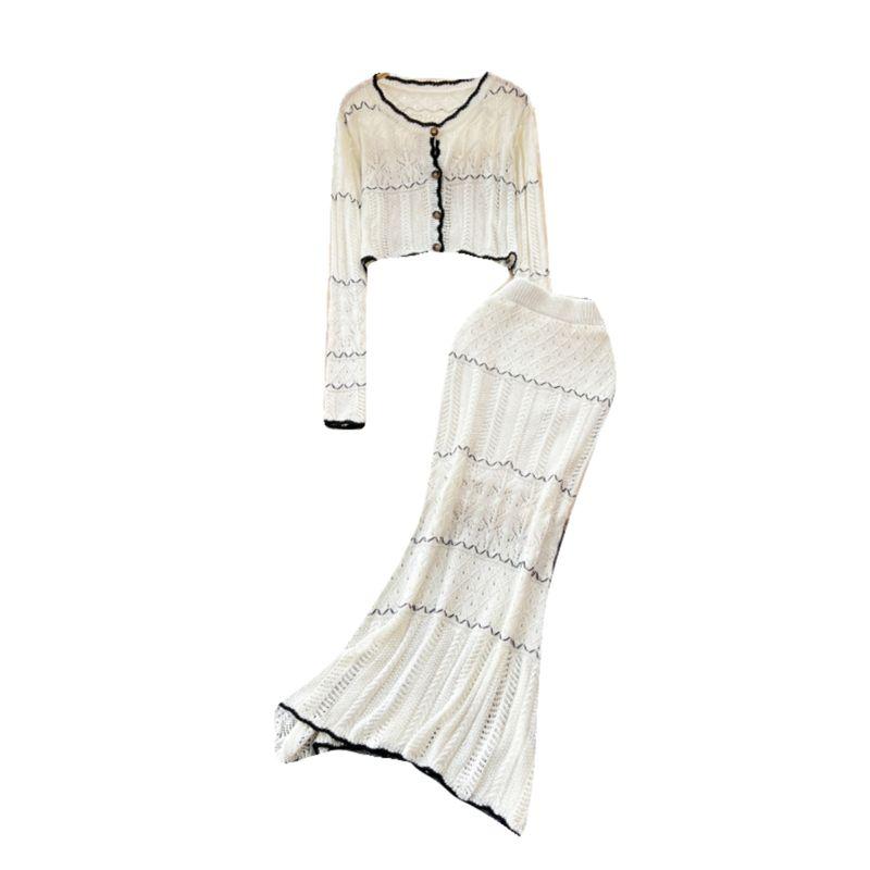 French Style Gentle Fancy Cut Out Knitting Cardigan Outwear + Silm Sheath Fishtail Skirt Two-piece Set