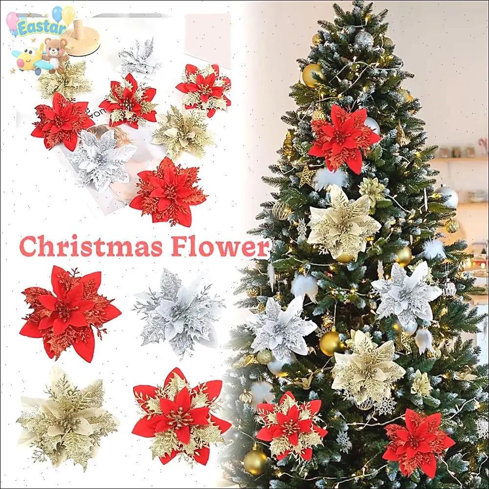 10 Stück Weihnachten Dreistöckige Weihnachtsblume Kunstblume Goldpuder Blume Weihnachtsbaum Feiertagsgeschenk Kranz Dekoration