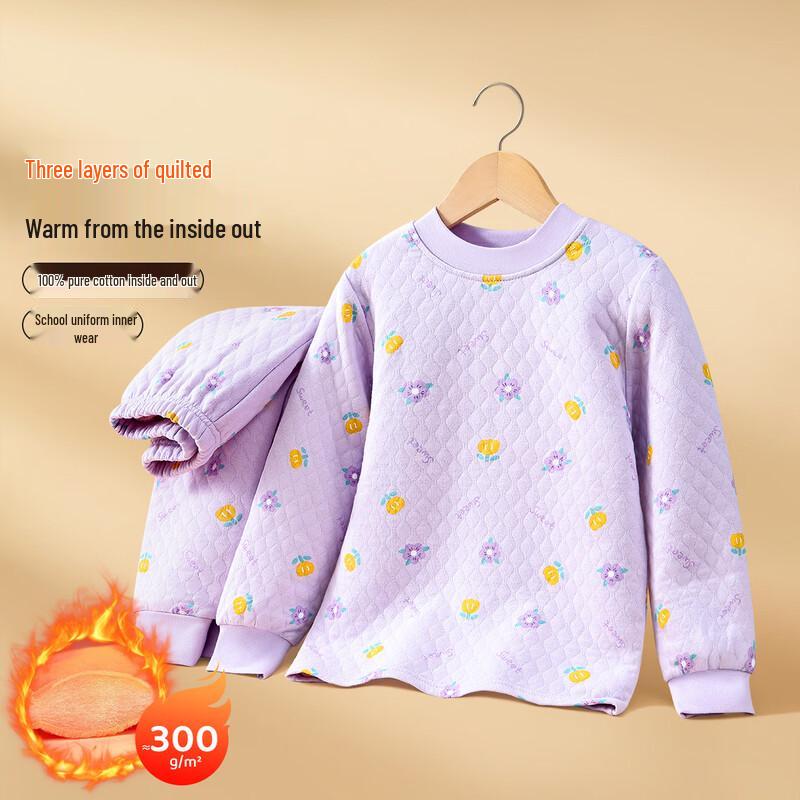 Girls  3-Layer Cotton Thermal Underwear Set - Fleece Lined 160