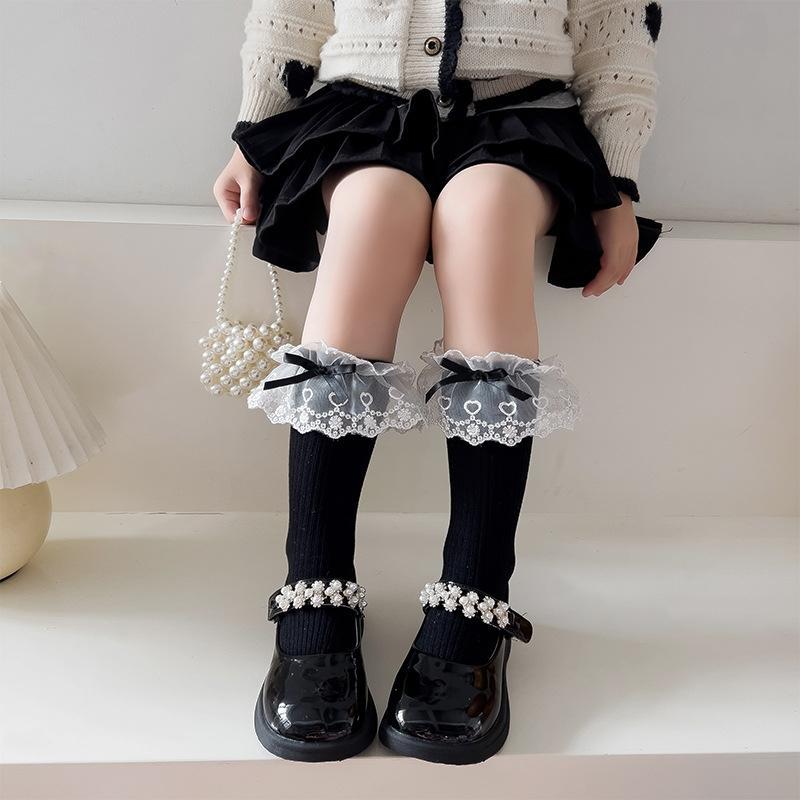 White Lace Socks Children Cotton Socks Korean Girl Bow Lolita Princess Long Socks Solid Color Kids Knit Stockings Spring Autumn