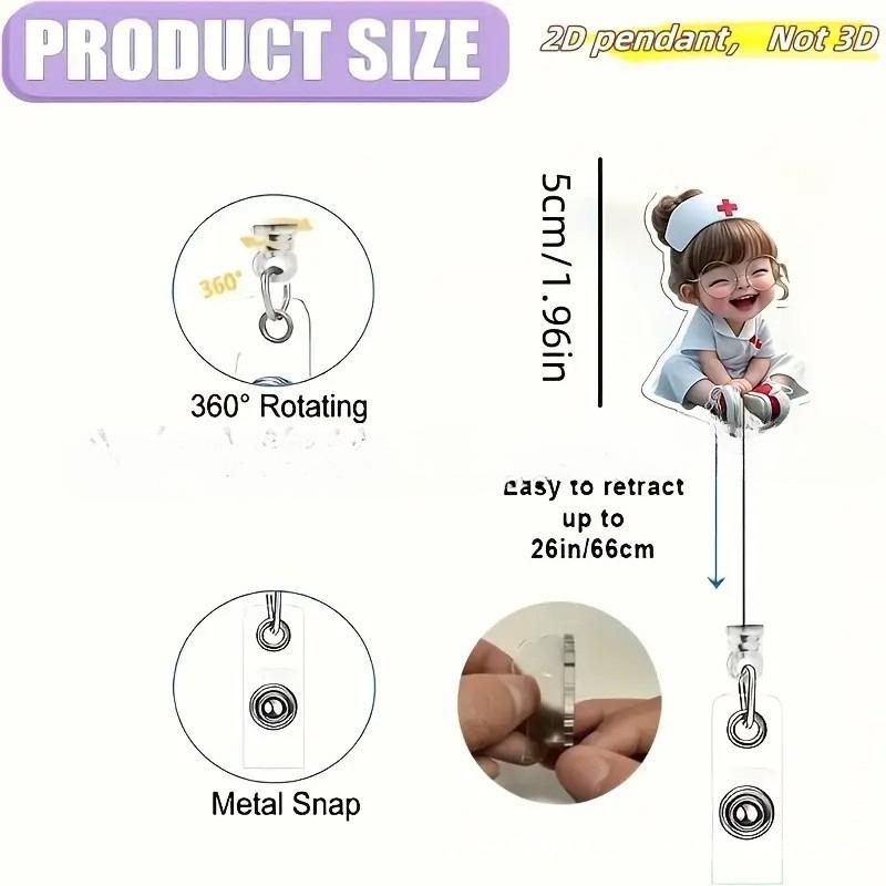 1pc Nurse Themed Retractable Badge Reel Acrylic ID Holder Clip for Hospital Office School Workers