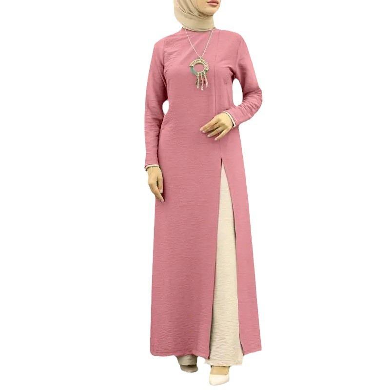 Muslim women's clothing ice silk wrinkled long sleeves high split hem dress solid color intellectual women's robe mid-east wind