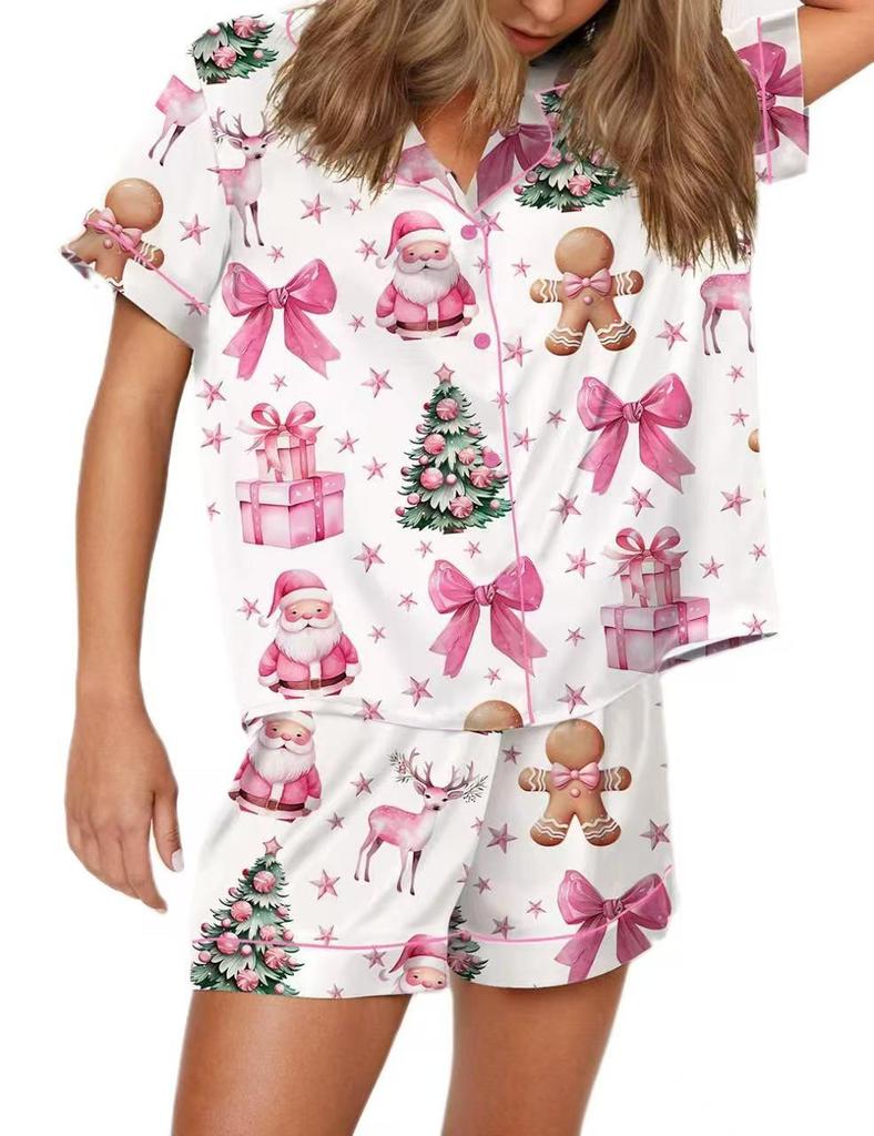 2025 Grenzüberschreitender Weihnachts-Pyjama: Druck Umlegekragen Kurzarm Shorts Hausanzug Set.