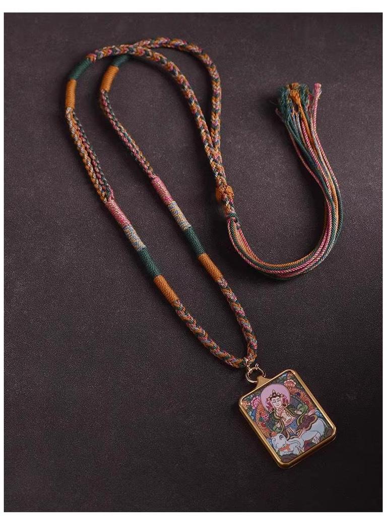 Tibetan Thangka Hand-Woven Cotton Necklace with Amber Amulet Pendant
