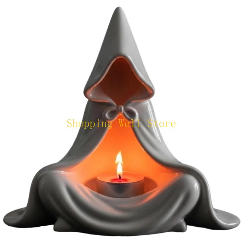 

KX4B Halloween Resins Mysterious Wizard Sculpture Tealight Stand For Meditations Relaxation Ambiances and Party білий