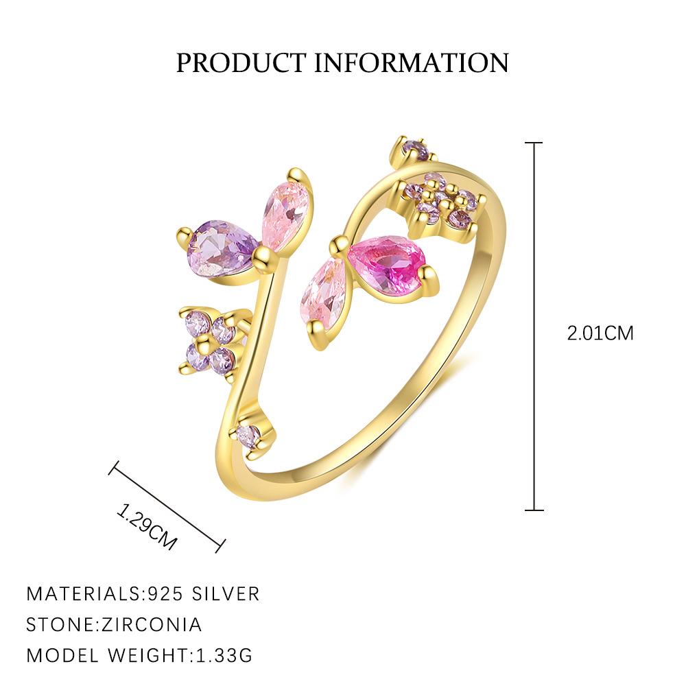 925 Sterling Silver Exquisite Colorful Zircon Flowers Leaves Ring For Women Double Design Size7 Adjustable Party Wedding Jewelry