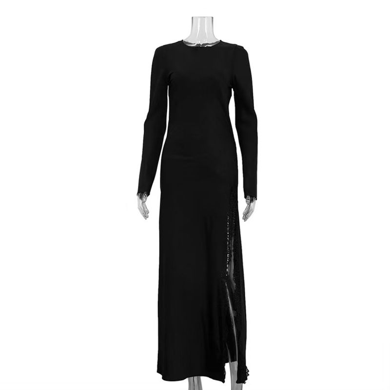 

Fashion Style Fashion Sexy Lace Stitching Split Long Sleeve Waist Dress Dress Sexy Slip Dress Black S