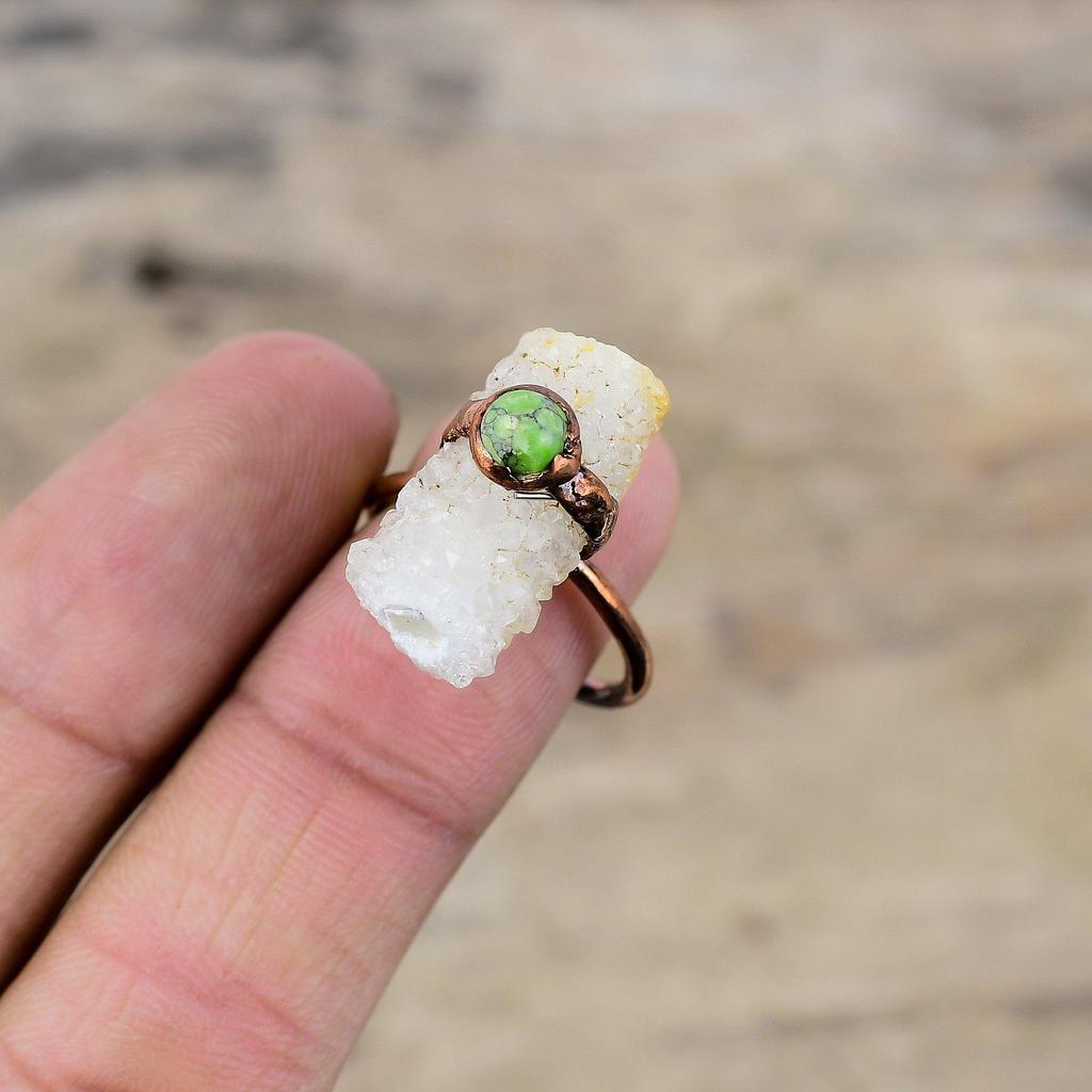 Regenbogen Mondstein Druzy Ring Elektrogeformter Kupferring Grün Türkis Edelstein Ring Verstellbarer Ring Handgemachter Elektrogeformter Schmuck Als Geschenk
