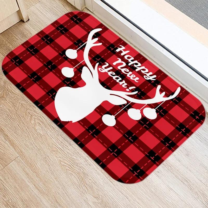 Merry Christmas! Red plaid print doormat home decor bathroom kitchen non-slip floor mat living room hallway rug.
