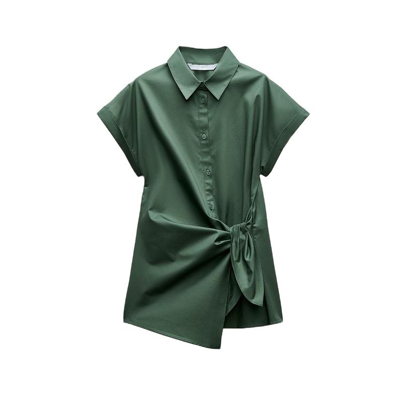 Spring New Temperament Work Clothing Lapel Short Sleeve Poplin Shoelace Shirt 4043050 9479048 3360