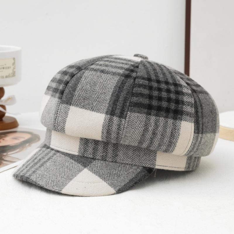 New women's autumn and winter British style retro plaid octagonal hat casual versatile painter hat windproof warm newsboy hat