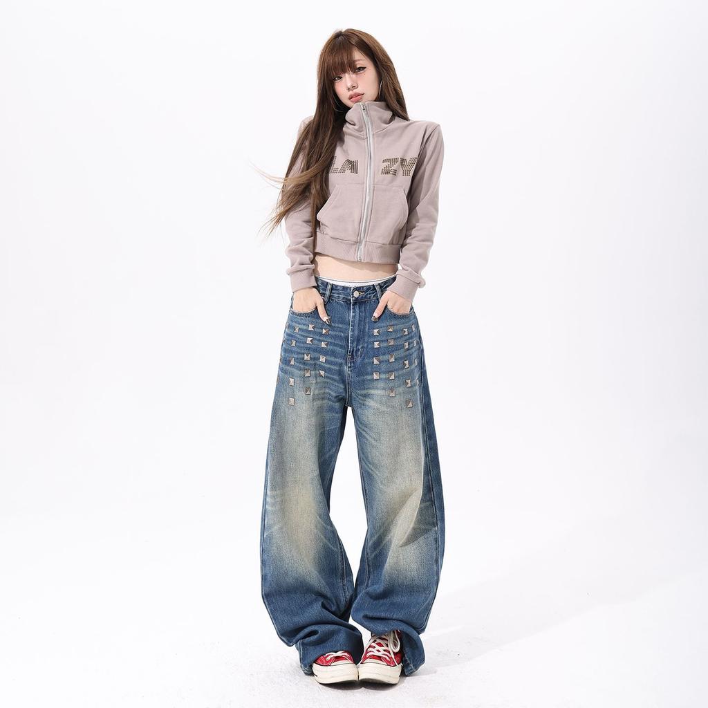 Spring Niche Street Rivet Button Relax Wide Leg Denim Pants For Women Casual Pants Oversize Denim Trousers